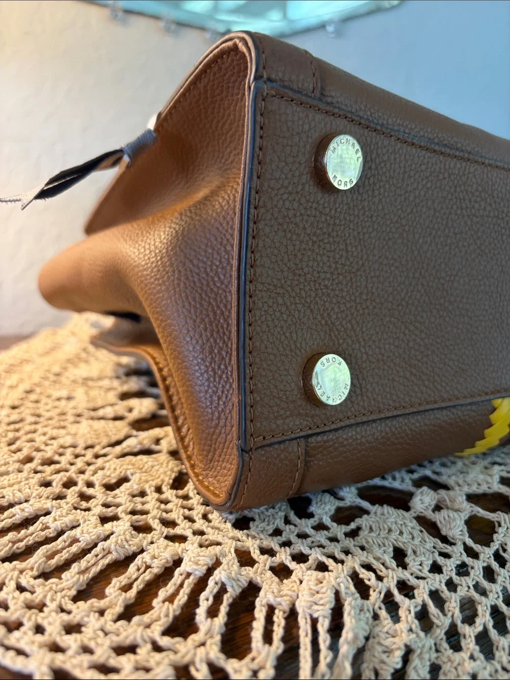 Michael Kors Brown Handbag with Yellow Woven Stripes